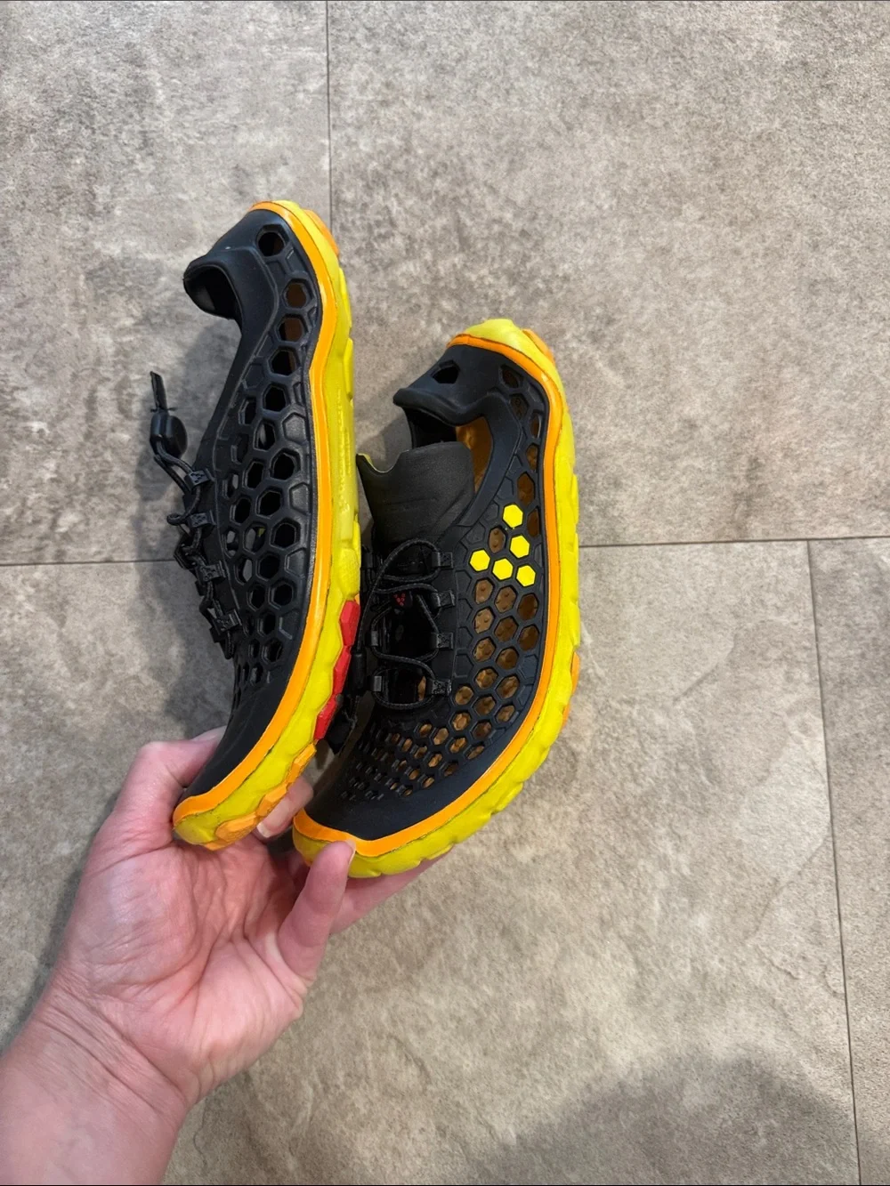Vivobarefoot Black and Orange Water Shoes with Honeycomb Upper Size 6
